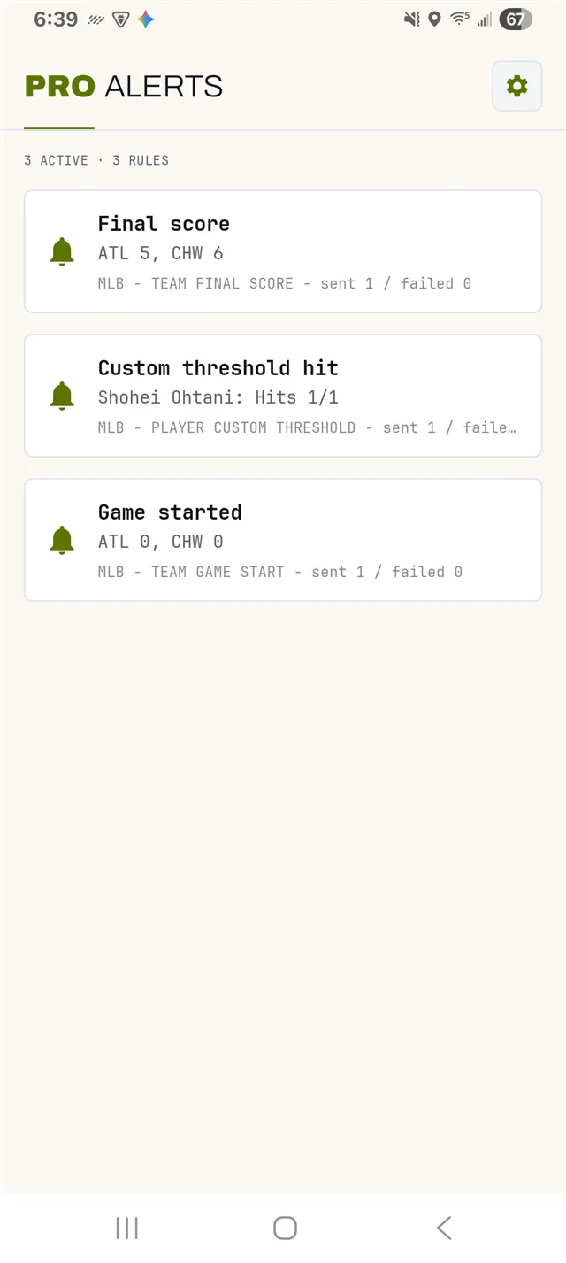 Alerts screen showing final score, custom stat threshold and game start notification rules